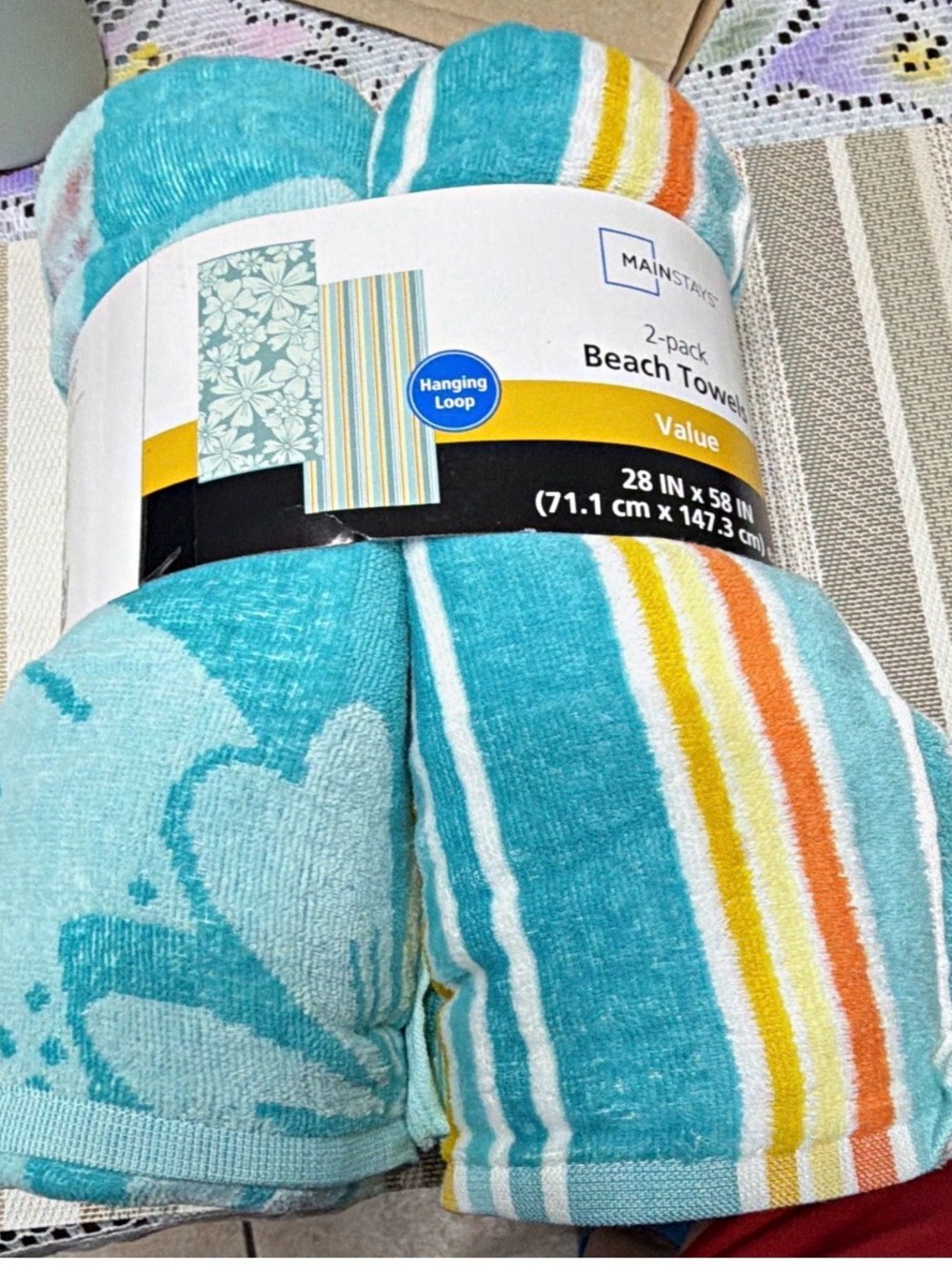 Mainstays Turquoise Stripe & Floral 2-Pack Beach Towels